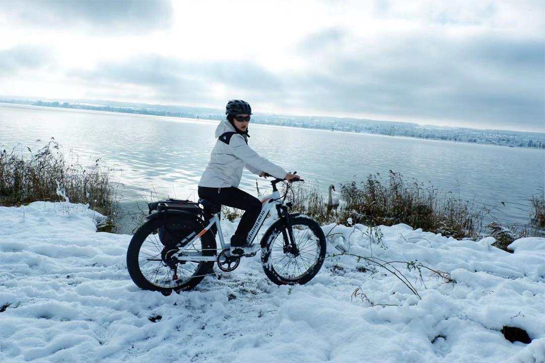 El placer de montar en bicicleta con el paisaje invernal.